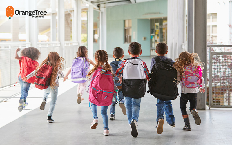 Group of preschool children running, embracing daily routines.