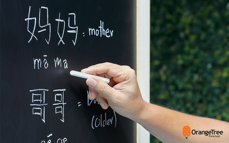 Learning Chinese characters on a blackboard. 