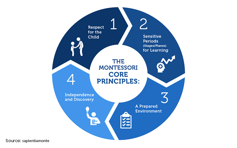 Montessori Core Principles infographic for early learning.