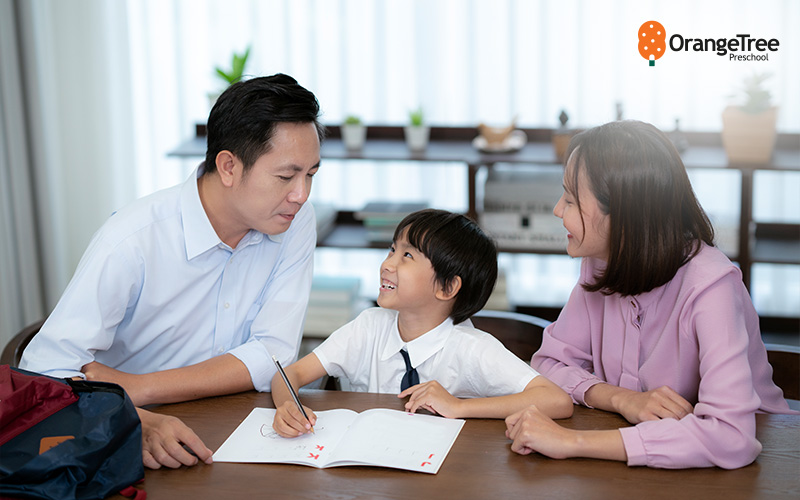 Parents helping child with preschool homework.