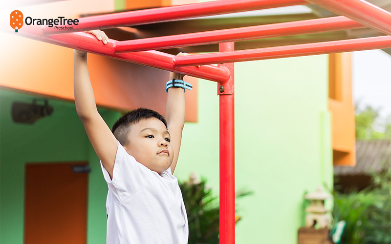 Preschooler playing on outdoor monkey bars.