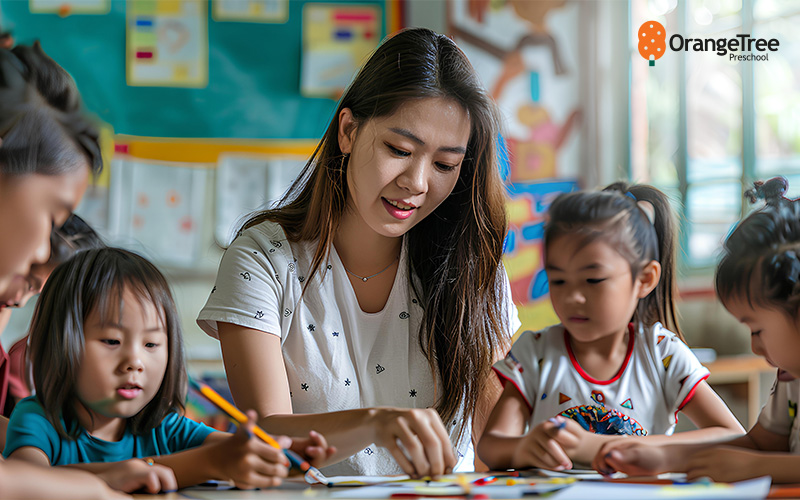 Teacher guiding children in a preschool classroom.